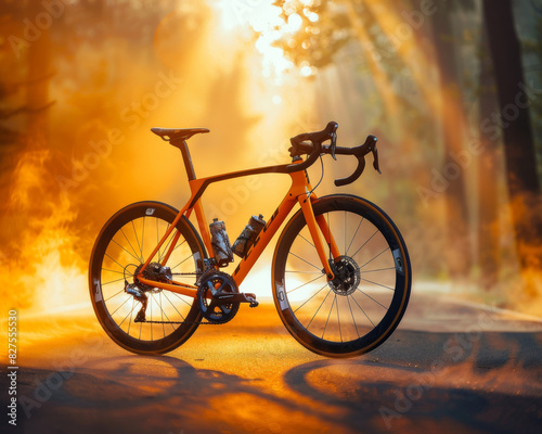 Professional aero road bicycle made of carbon fiber, outdoor standing on its own on the open road.