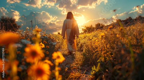 Christ goes to preach in the Jewish cities. Men walk through a meadow landscape. Bible times