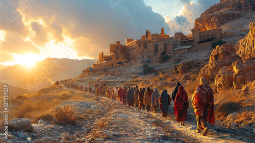 The apostles are going to preach in the Judean desert. Men walk along a sandy landscape near an ancient city. Bible times
