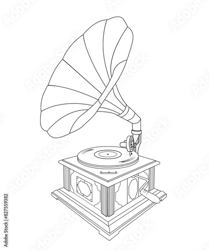 Turntable disk audio player recorder line art vector vintage antique old style machine graphic element