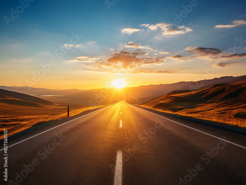 A sunlit mountain road extends into the distance under a brilliant sunset