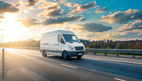 A white van is driving down a road with a beautiful sunset in the background by AI generated image