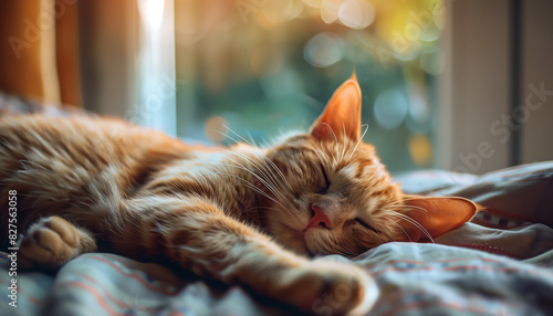 Orange tabby cat enjoying a peaceful nap in a sunlit room, with warm tones highlighting its relaxed state on a cozy blanket