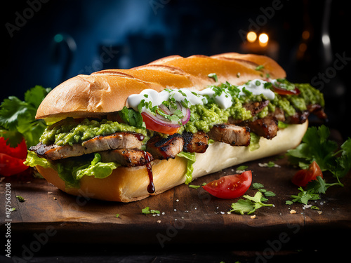 AI-created ciabatta sandwich, grilled pork adorned with guacamole, onion, and cilantro