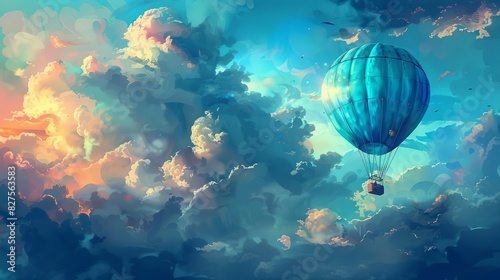 enchanting fantasy voyage vibrant blue hot air balloon floating over scenic cloudscape digital painting