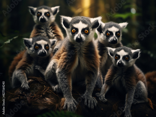 A troop of lemurs inhabits the forest wilderness