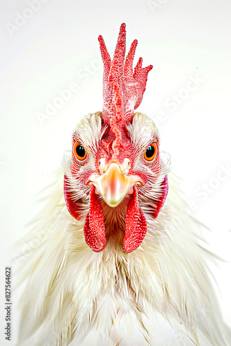 A close-up portrait of a white Leghorn rooster.
