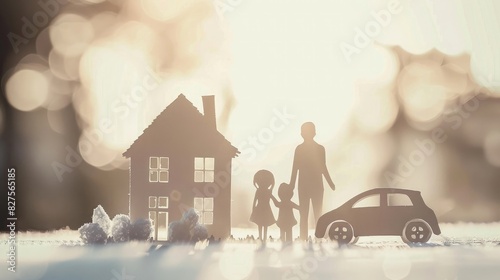 A family with two children stands next to their house and car. The scene features paper cutouts on a white, blurred background in a banner format