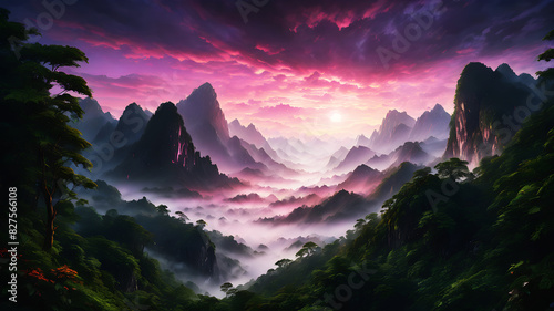 A breathtaking view of a mountain range with the first light of dawn illuminating the peaks. The sky is painted with hues of pink, orange, and purple, while a layer of mist covers the valleys below. T