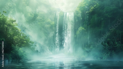 An abstract depiction of a natural wonder, showcasing a majestic waterfall surrounded by lush greenery. The cascading water and misty atmosphere create a serene and tranquil mood.