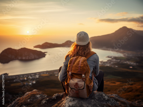 A young hipster girl, backpack-clad, savors the sunset atop a mountain peak, overlooking a valley