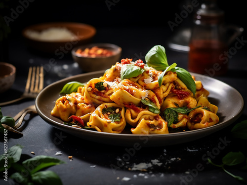 Raw tortellini pasta with tomato pesto and basil