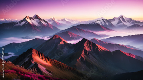 A breathtaking view of a mountain range with the first light of dawn illuminating the peaks. The sky is painted with hues of pink, orange, and purple, while a layer of mist covers the valleys below. T