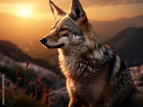 Sunset paints the mountains as a jackal roams in the wild