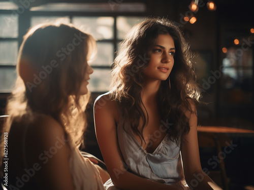 Brunette engrossed in discussion with friend over new song