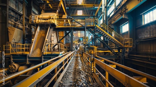industrial ore processing machinery and worker oversight in crushing and sorting plant interior photography