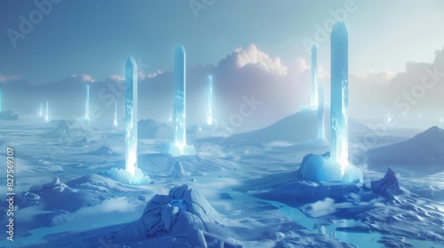 A blue-white landscape dotted with glowing obelisks rises from the ice, creating an otherworldly scene.