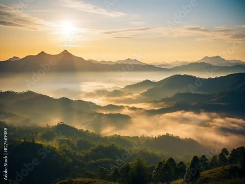 Sunrise casts a golden hue over the mountains at Yun Lai Viewpoint, Thailand