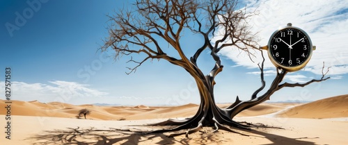 Surreal digital artwork of a barren desert landscape with a large, detailed tree and an oversized pocket watch, emphasizing themes of time and nature.