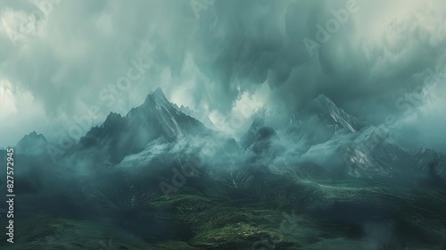 mountainous storm brewing ominous clouds rolling over peaks in striking landscape digital painting