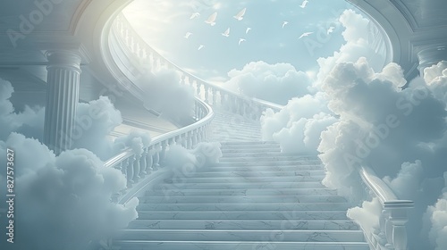 heaven in the clouds, a heavenly scene where soft, billowing clouds create a celestial backdrop, and a grand staircase made of white marble ascends majestically towards the heavens