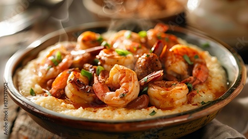 savor the rich flavors of the south a delectable dish of shrimp and grits with a cajun twist exuding a steamy and savory appeal food photography
