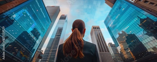 Woman in business attire with ponytail looking up at modern glass skyscrapers in cityscape, representing ambition and urban career growth.