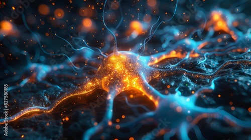 Close-up of a neuron with glowing synapses, representing neural connectivity and the complexity of the human brain's network.