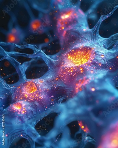 Close-up visualization of neural networks with glowing synapses, showcasing the complexity of brain connectivity and neural interactions.