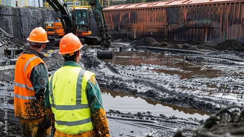 sludge treatment workers monitoring dewatering equipment processing into manageable solid