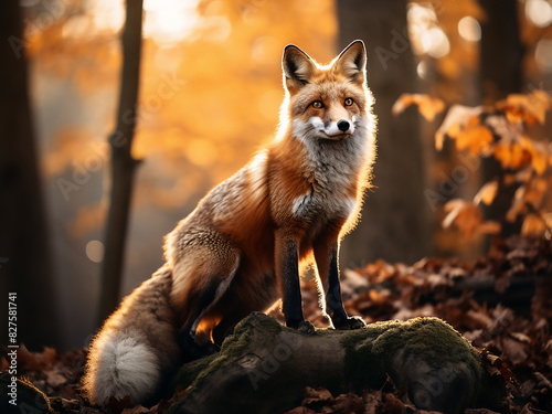 A sanguine fox gracefully poses on a rocky ledge at sunrise