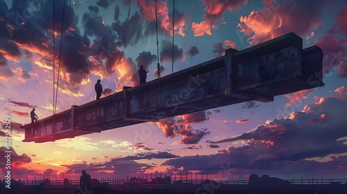 steel workers guiding massive girder into place at dusk silhouettes against dramatic sky showcasing precision and teamwork in industrial construction realistic digital painting