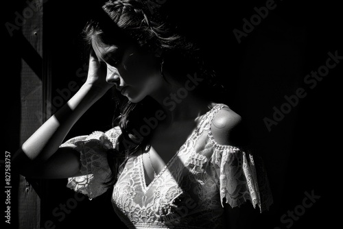 Una mujer con vestido blanco, su rostro oculto por una sombra, en el estilo de un uso ingenioso del espacio negativo. Fotografía en blanco y negro, juego de luces y sombras, líneas y formas nítidas, o