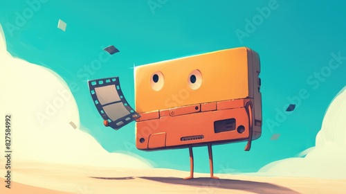 In this cartoon illustration a character resembling a floppy disk holds a film strip set against a clean white background