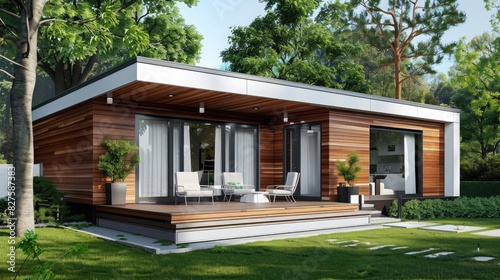 A small modern modular home with wood paneling and white accents, flat roof, sliding glass doors on the front of one side, deck,