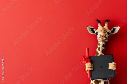 Giraffe wearing graduation and holding diploma on red background