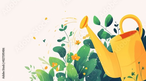 Nurture your indoor plant with a vibrant yellow watering can enriching its pot filled with a blooming flower and lush green leaves witnessing its growth and development unfold Embrace the j
