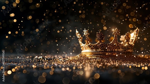 Photo of a luxurious gold crown on a sleek black background with floating particles, high contrast, elegance and royalty, ideal for premium branding, copy space