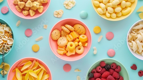 A colorful assortment of snacks and fruits are displayed in bowls on a table