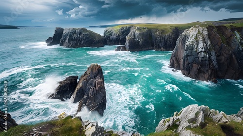 Stunning Ocean Cliffs: Dramatic cliffs overlooking a turquoise ocean, with waves crashing against the rocks.