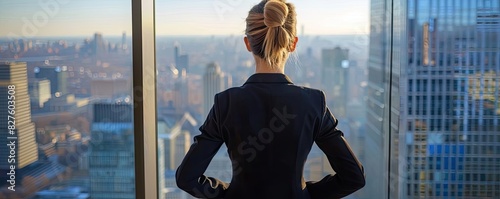 Businesswoman contemplating cityscape from a high-rise office window, symbolizing leadership, ambition, and corporate success.