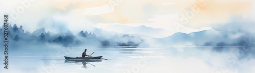 A man is in a canoe on a lake, watercolor illustrations, Summer activity.