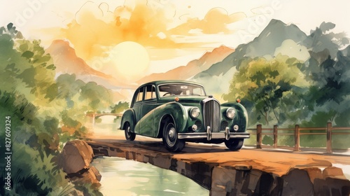 A vintage car is driving across a bridge over a river, watercolor illustrations, Summer activity.
