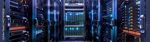 Rows of server racks with blinking lights in a data center