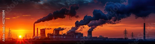 Industrial factory emitting smoke at sunset, highlighting environmental pollution and climate change issues.