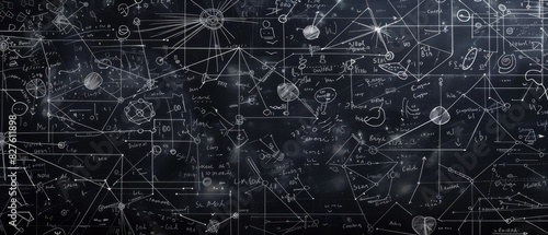 Dark detailed chalkboard full of mathematical formulas, scientific diagrams, and complex equations representing intellectual creativity.