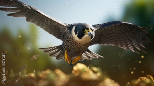 A bird with a yellow beak flies through the air. The bird is black and white with yellow feet