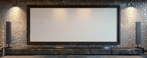 A single large empty white frame with dark borders, centrally spotlighted against a wall with a hammered metal texture in a minimalist architectural studio.