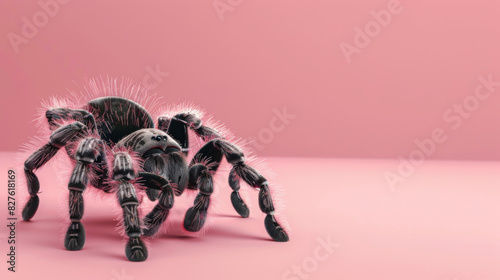 Close-up of a tarantula spider on a pink background, exhibiting detailed textures and unique features. Ideal for educational or design purposes.