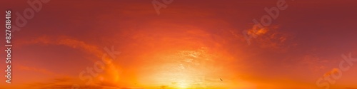 360 panorama of glowing sunset sky with bright pink Cirrus clouds. HDR 360 seamless spherical panorama. Full zenith or sky dome sky replacement for aerial drone panoramas. Climate and weather change.
